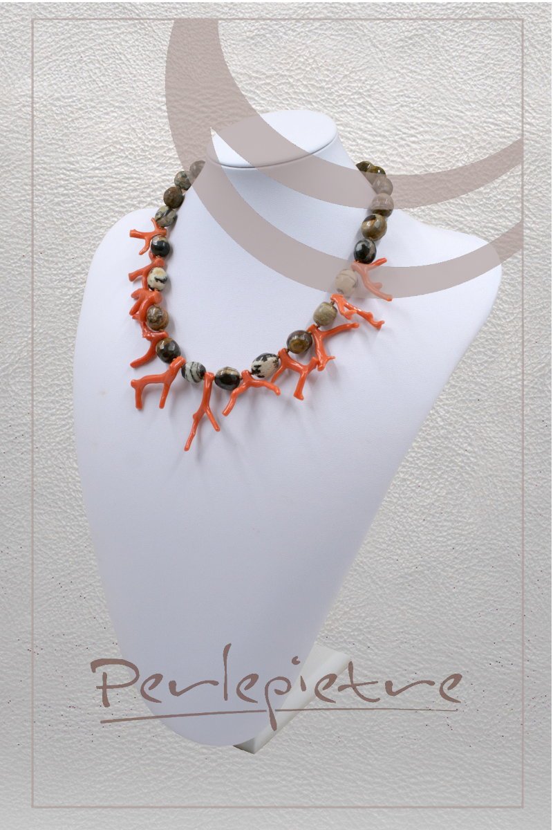Collana Wood Jasper e Corallo e chiusura in argento 925‰