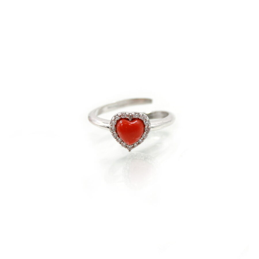 Anello in Argento 925‰ con cuore corallo e giro di zirconi – Rodiato - immagine 3