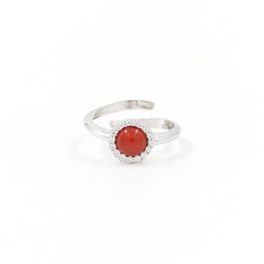 Anello in Argento 925‰ con spola tonda corallo e giro di zirconi – Rodiato