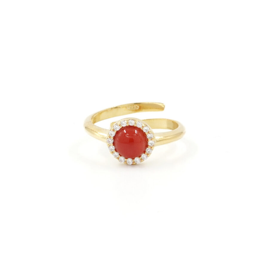 Anello in Argento 925‰ con spola tonda corallo e giro di zirconi – Dorato