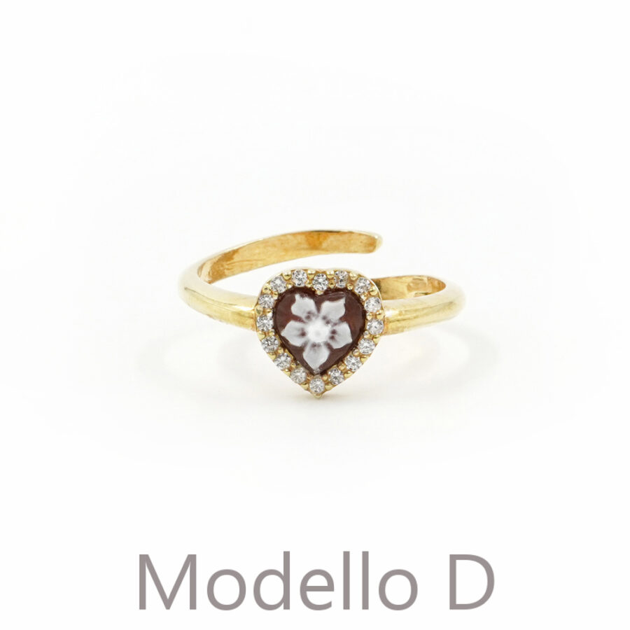 Anello in Argento 925‰ con cammeo cuore 8mm vari soggetti e giro di zirconi – Dorato