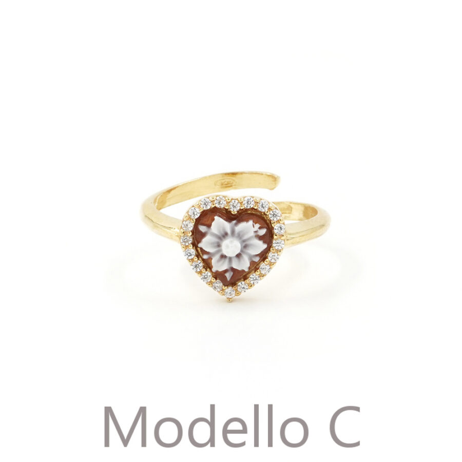 Anello in Argento 925‰ con cammeo cuore 10mm vari soggetti e giro di zirconi – Dorato - immagine 2