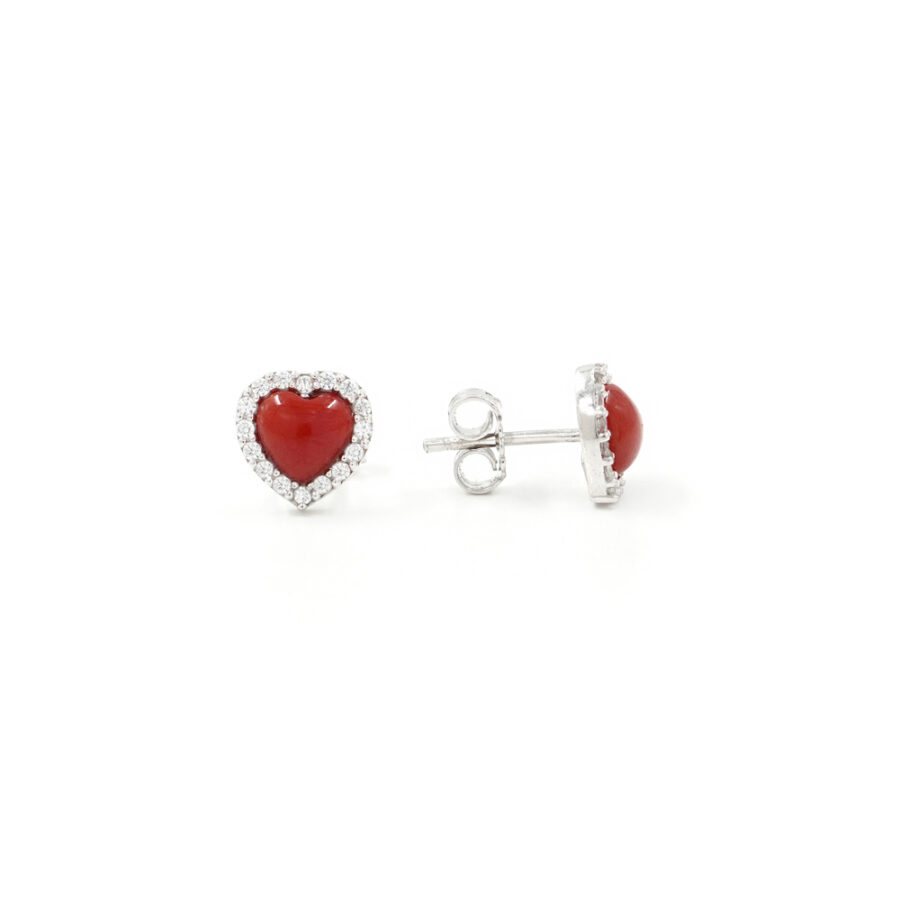 Orecchini in Argento 925‰ con cuore corallo e giro di zirconi – Rodiato