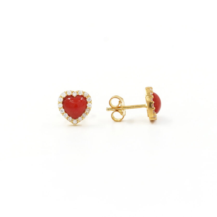 Orecchini in Argento 925‰ con cuore corallo e giro di zirconi – Dorato
