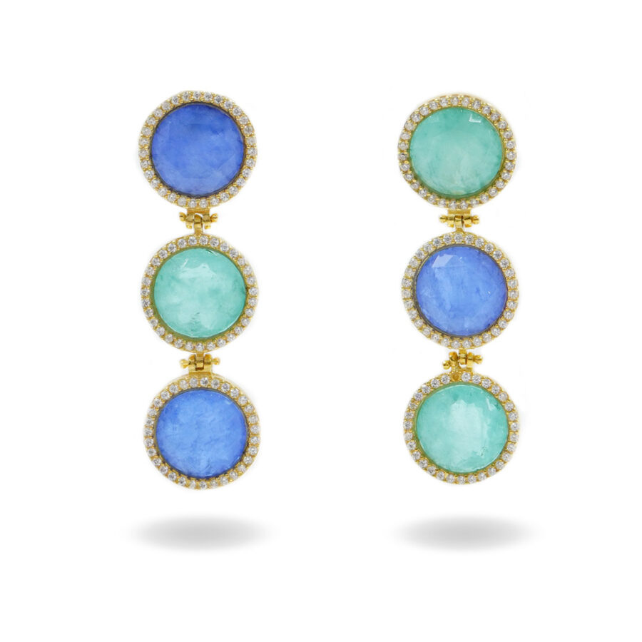 Orecchini in Argento 925 con zirconi bianchi e cristallo blu e verde – Dorato