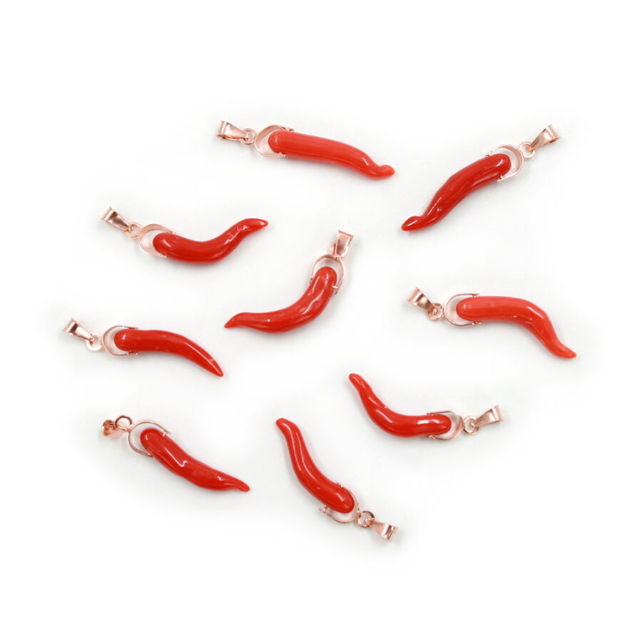 Cornetti portafortuna in corallo rosso montati con briglia in argento rosato 925‰ - immagine 3
