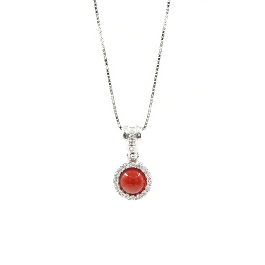 Collana in Argento 925‰ con con spola tonda di corallo e giro di zirconi – Rodiato