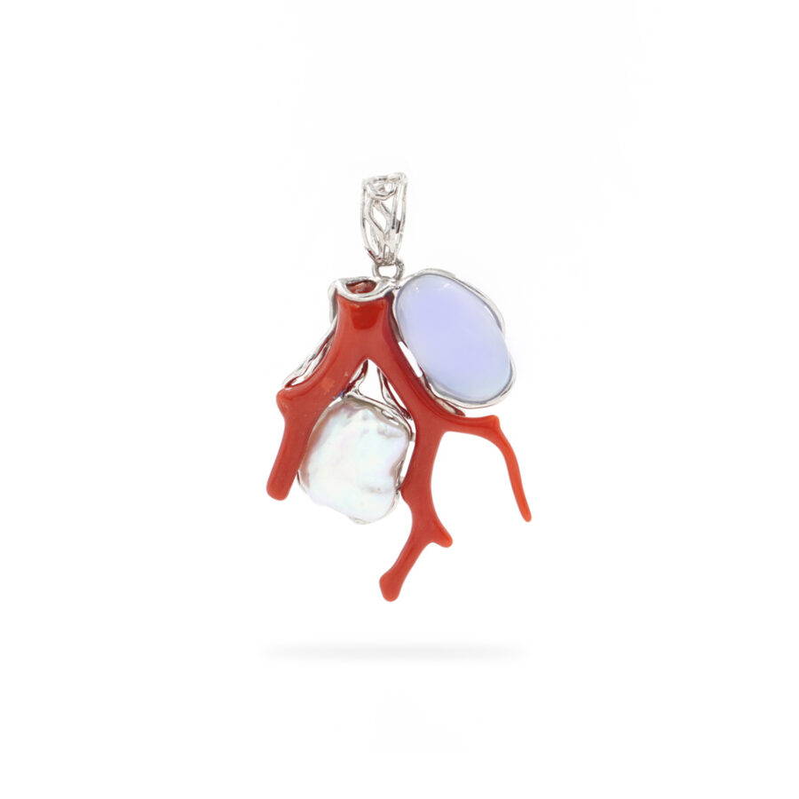 Pendente in argento 925 con ramo di corallo, perla e calcedonio – Platinato - immagine 2