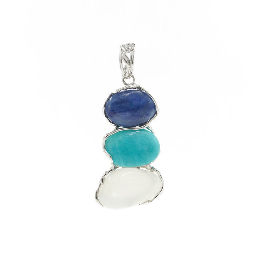 Pendente in argento 925 con cianite, amazzonite e pietra di Luna bianca – Platinato
