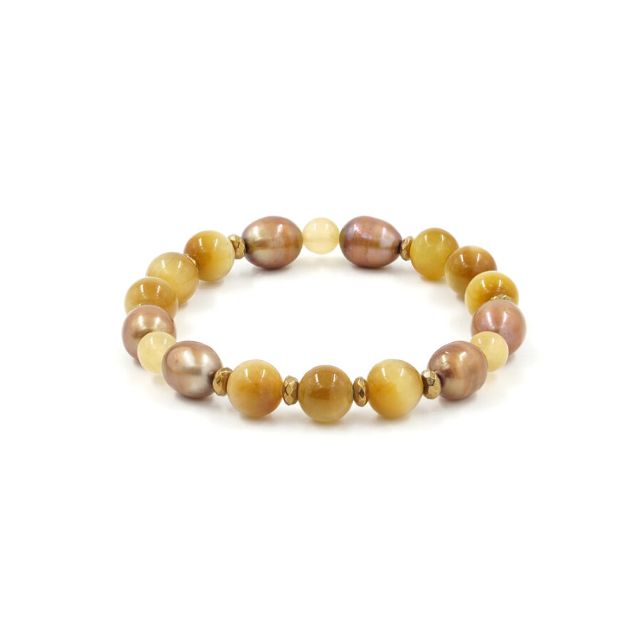 Bracciale elastico con occhio di tigre dorato, giada, perla e ematite