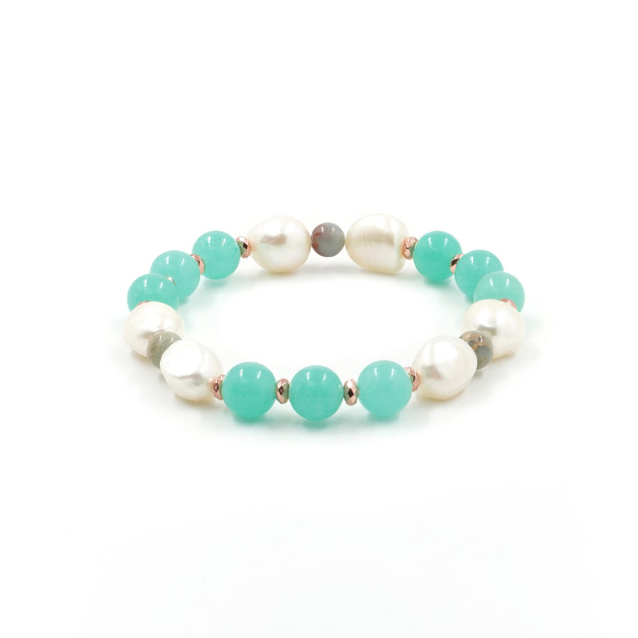 Bracciale elastico con quarzo verde, diaspro imperiale, perla e ematite