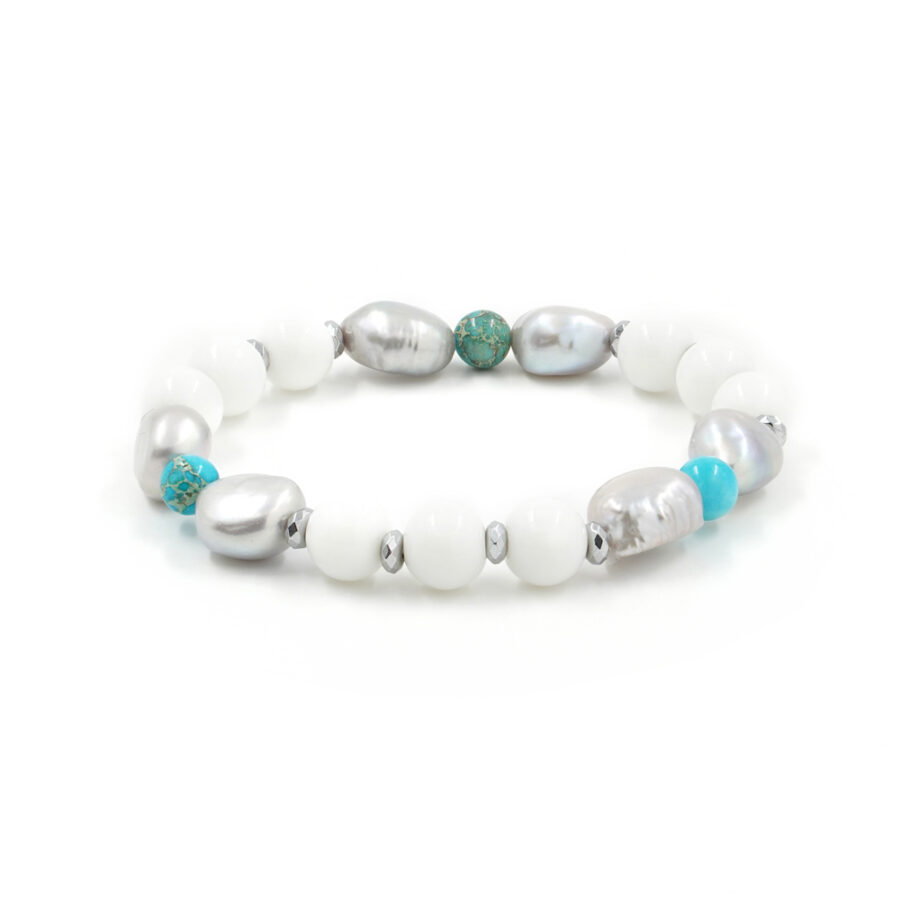 Bracciale elastico con agata bianca, diaspro imperiale, perla grigia e ematite