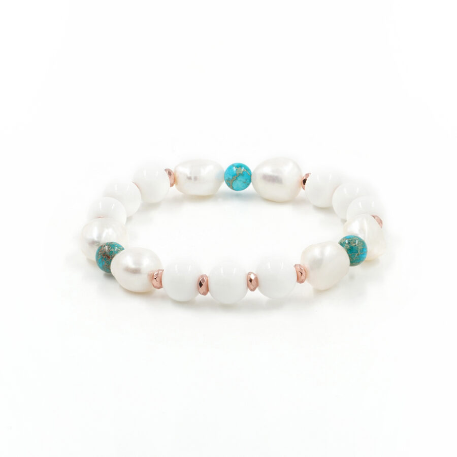 Bracciale elastico con agata bianca, diaspro imperiale, perla e ematite