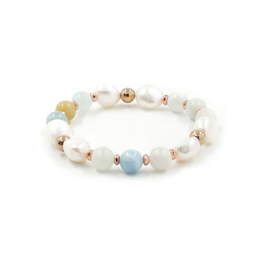 Bracciale elastico con acquamarina, perla e ematite