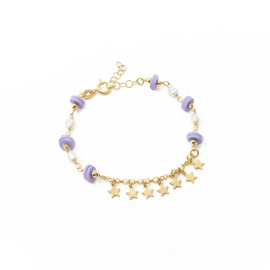 Bracciale in argento 925 con pietre di colore viola e perle – Dorato
