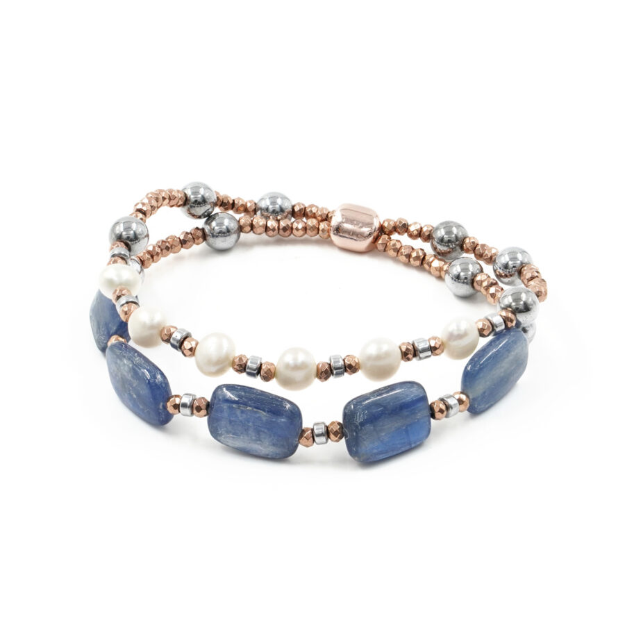 Bracciale elastico con ematite, cianite e perle
