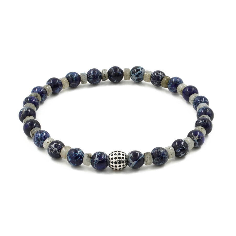 Bracciale Elastico con diaspro imperiale blu, labradorite e elemento in argento 925