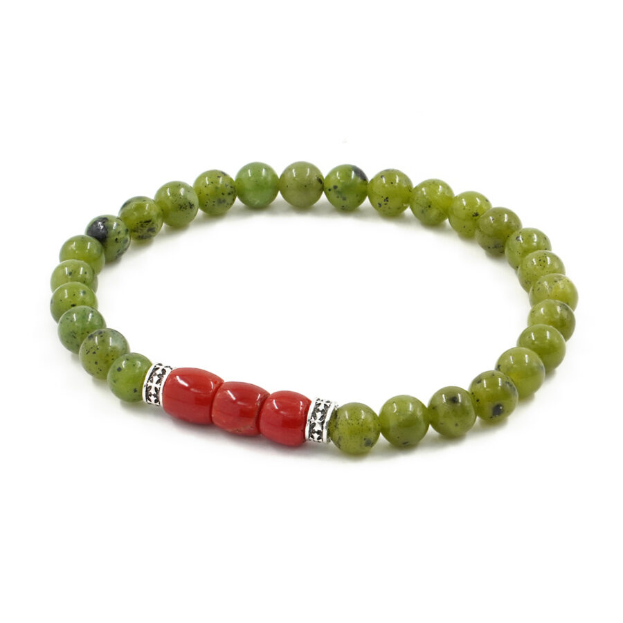 Bracciale Elastico con giada canadese, corallo e elemento in argento 925