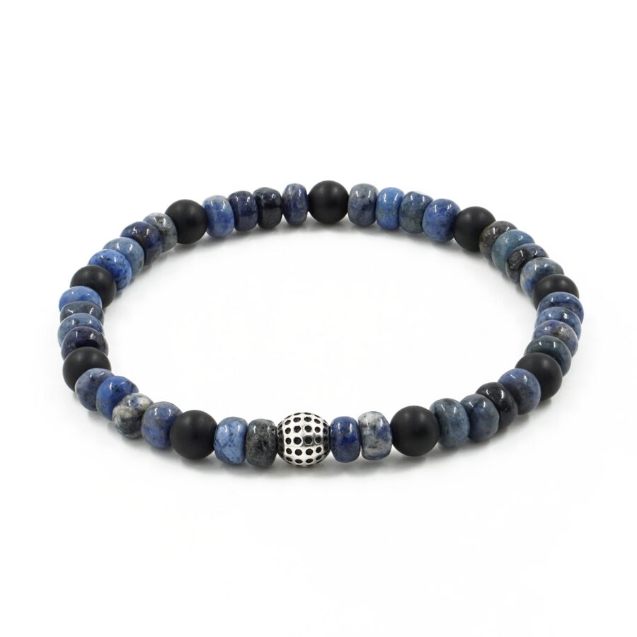 Bracciale Elastico con dumortierite, agata nera e elemento in argento 925