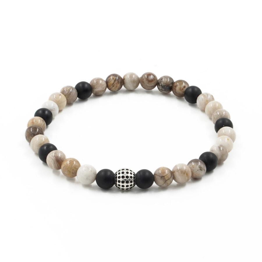 Bracciale Elastico con agata nera, astrophilite e elemento in argento 925