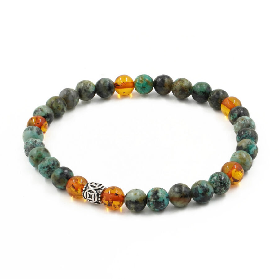 Bracciale Elastico con turchese africano, ambra e elemento in argento 925