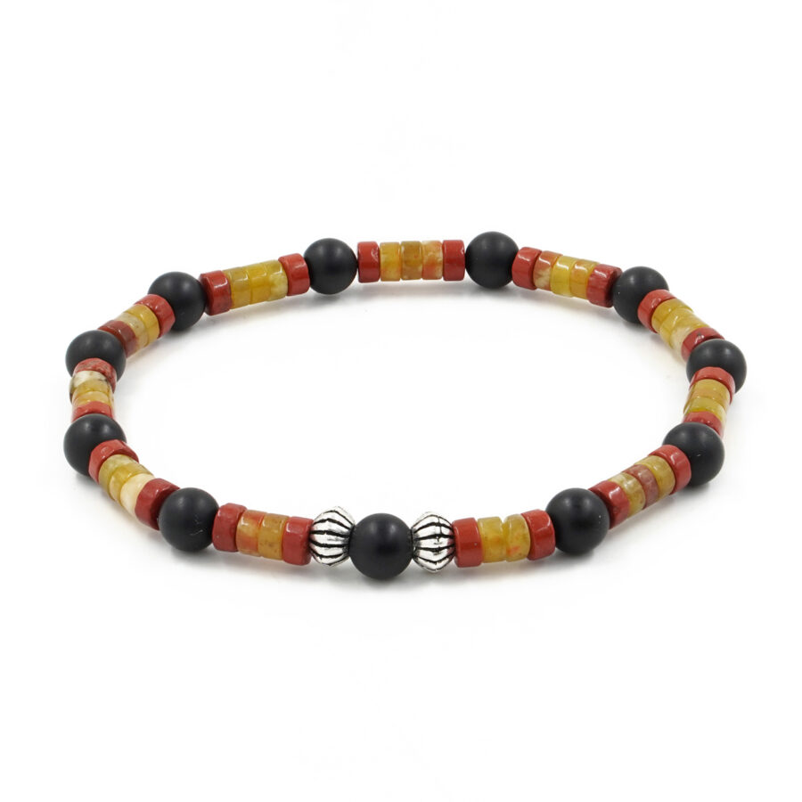 Bracciale Elastico con agata nera, diaspro rosso, serpentite e elemento in argento 925