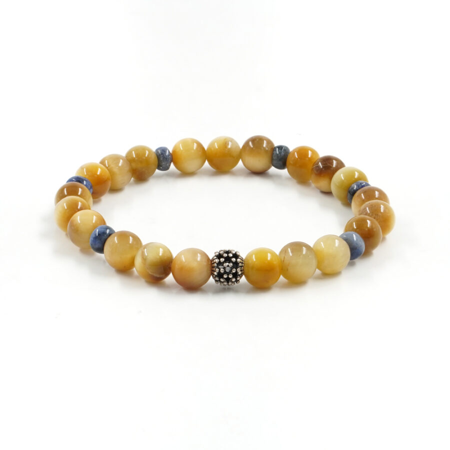 Bracciale elastico con occhio di tigre dorato, dumortierite, elemento in argento 925