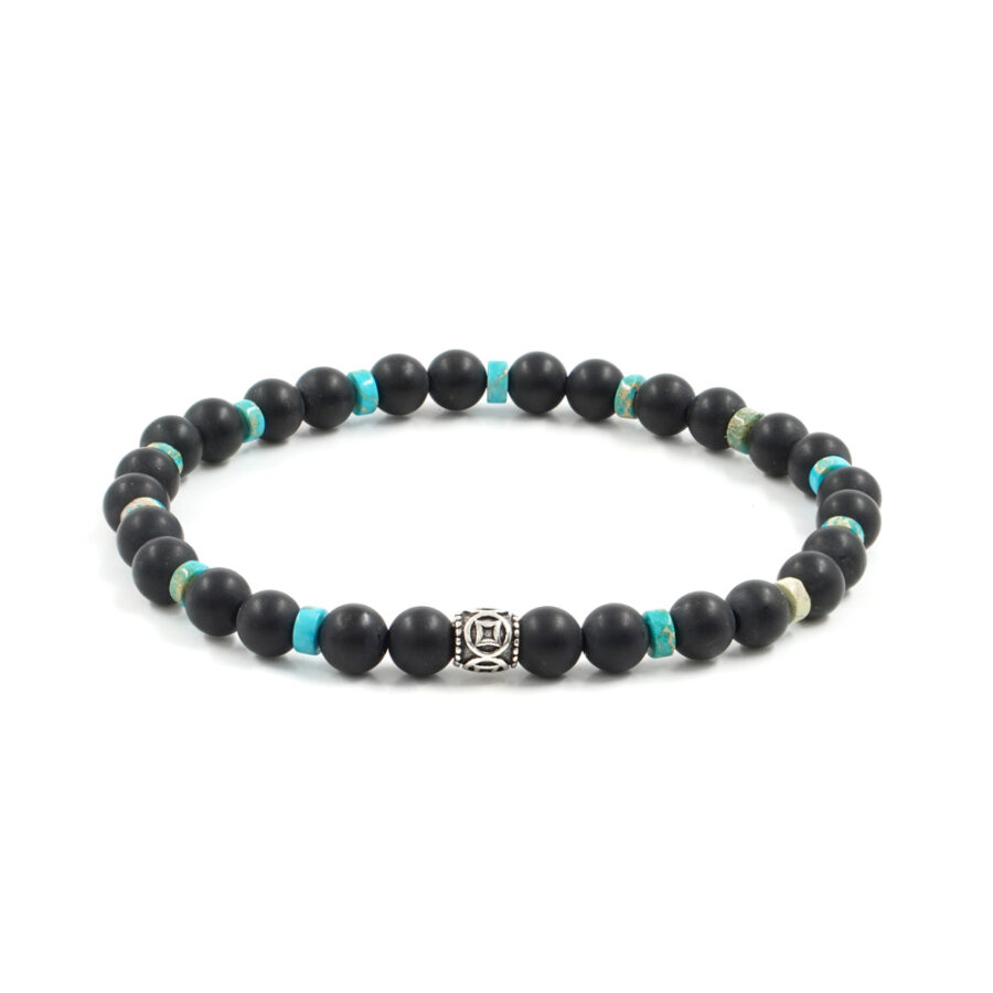 Bracciale elastico con agata nera satinata, diaspro, elemento in argento 925