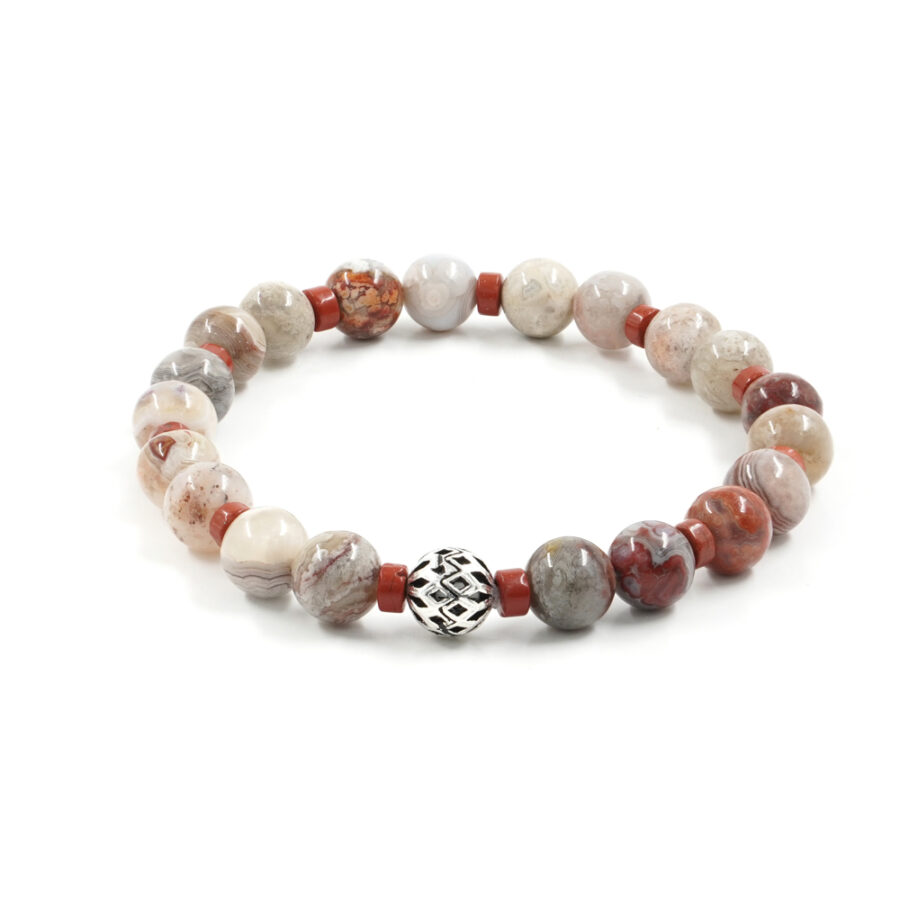 Bracciale elastico con agata laguna lace, diaspro rosso, elemento in argento 925