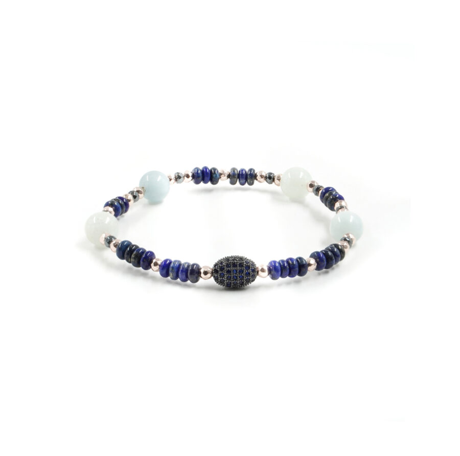 Bracciale elastico con lapis, acquamarina, ematite, elemento in ottone con zirconi