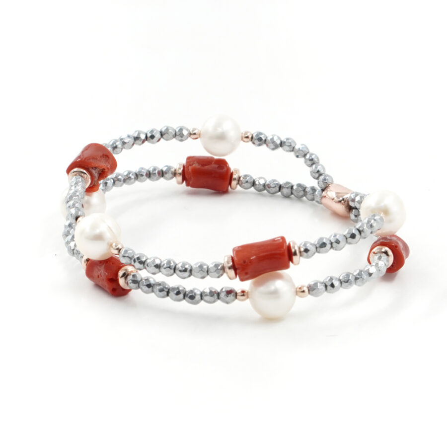 Bracciale elastico con corallo, perle, ematite