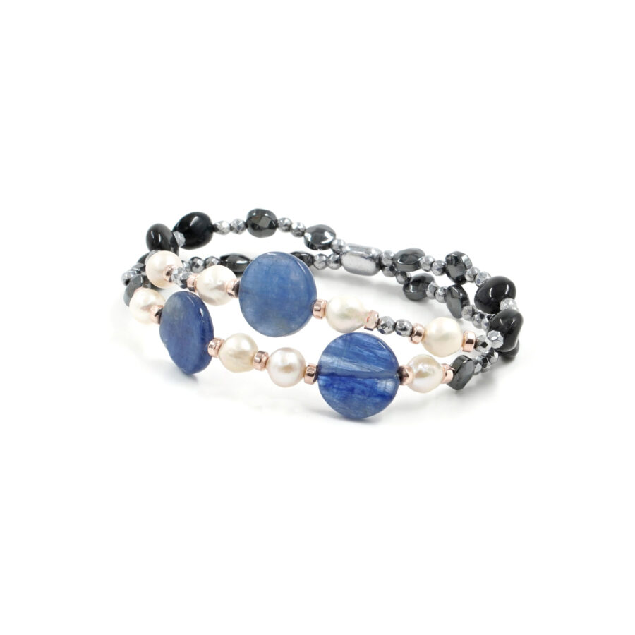 Bracciale elastico con cianite, occhio di tigre blu, perle, ematite