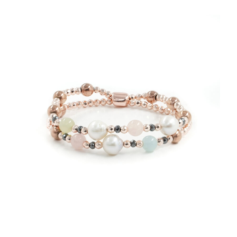 Bracciale elastico con acquamarina, morganite, perle, ematite