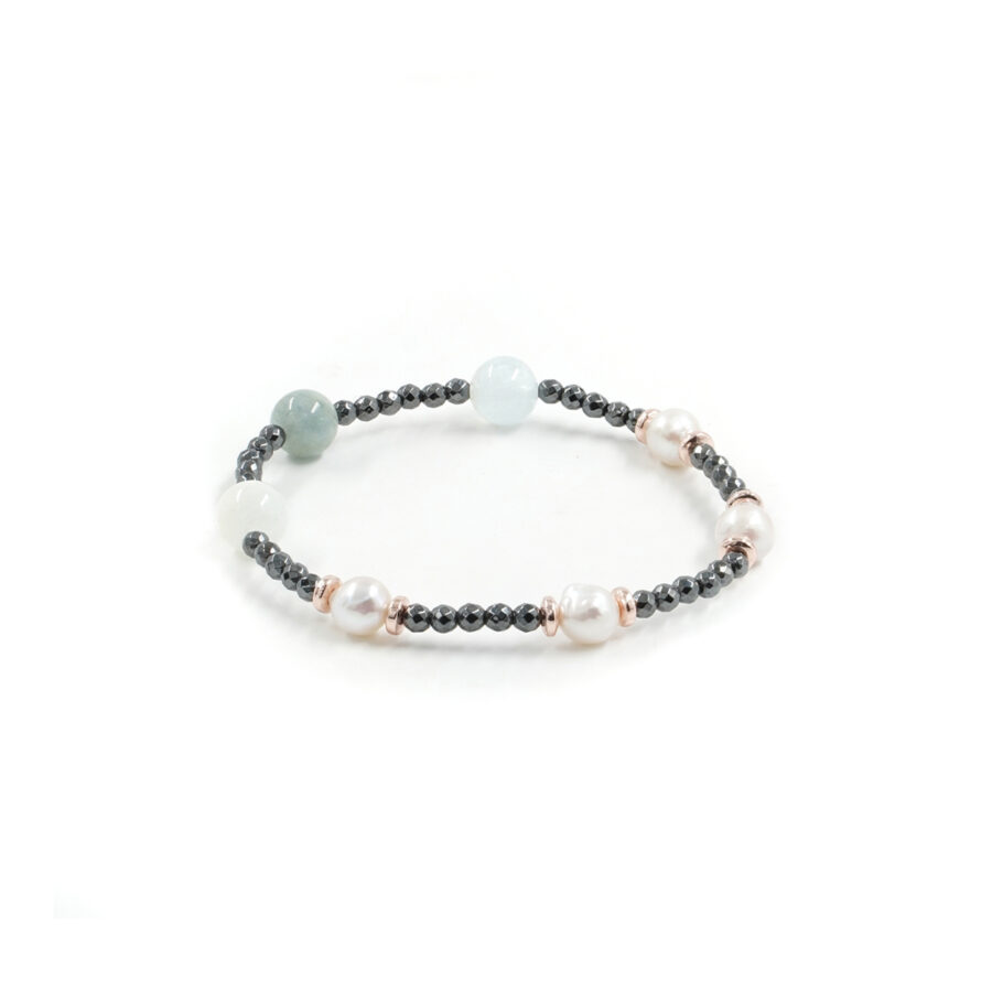 Bracciale elastico con acquamarina, perle, ematite