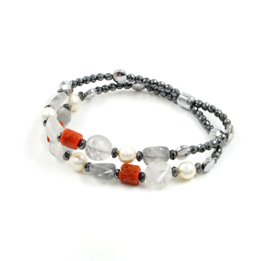 Bracciale elastico con corallo, perle, quarzo fumè, ematite