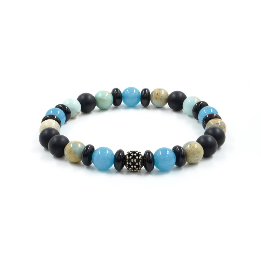 Bracciale elastico con agata nera, diaspro azzurro, diaspro imperiale, elemento in argento 925