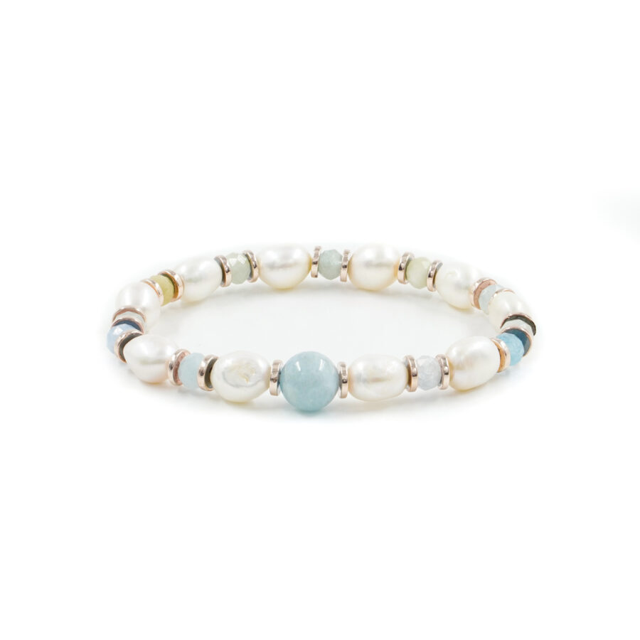 Bracciale elastico con perle, acquamarina, ematite