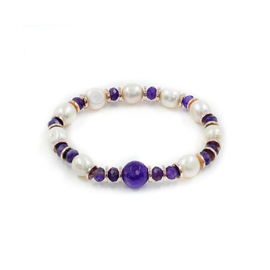 Bracciale elastico con perle, ametista, ematite