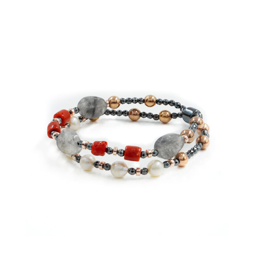 Bracciale elastico con ematite, perle, quarzo, corallo