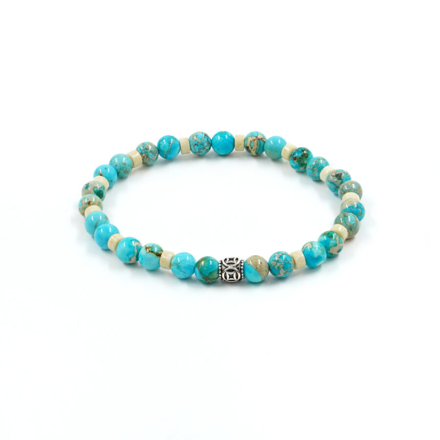 Bracciale elastico con diaspro imperiale blu, diaspro fossile, elemento in argento 925