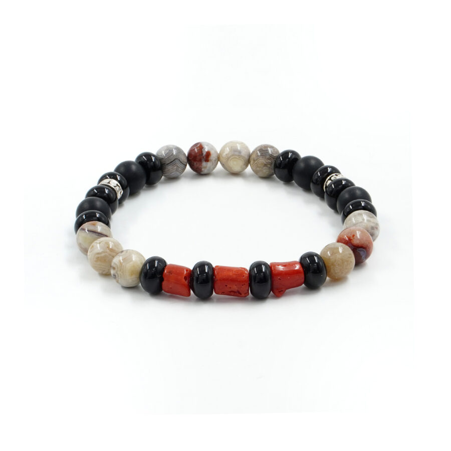 Bracciale elastico con agata lace, agata nera, corallo, elemento in argento 925