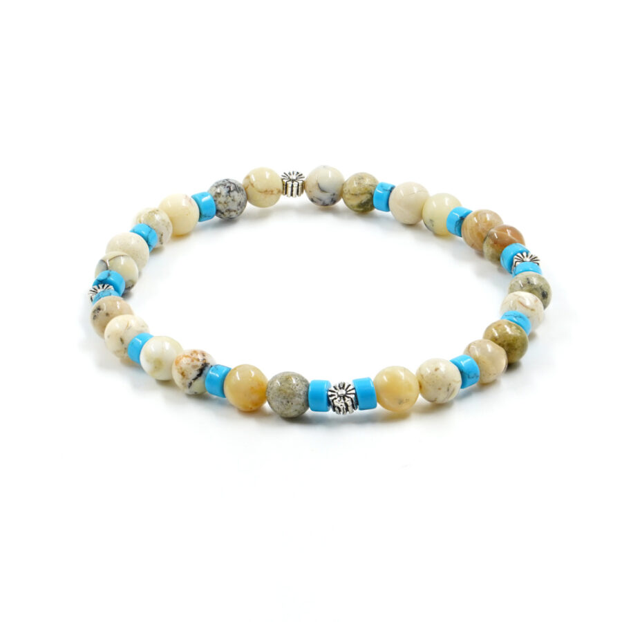 Bracciale elastico con opale africano, howlite azzurra, elemento in argento 925