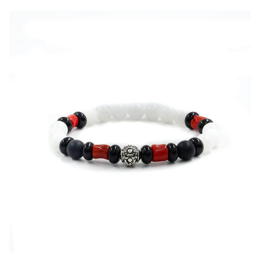 Bracciale elastico con pietra di luna bianca, agata nera, corallo, elemento in argento 925