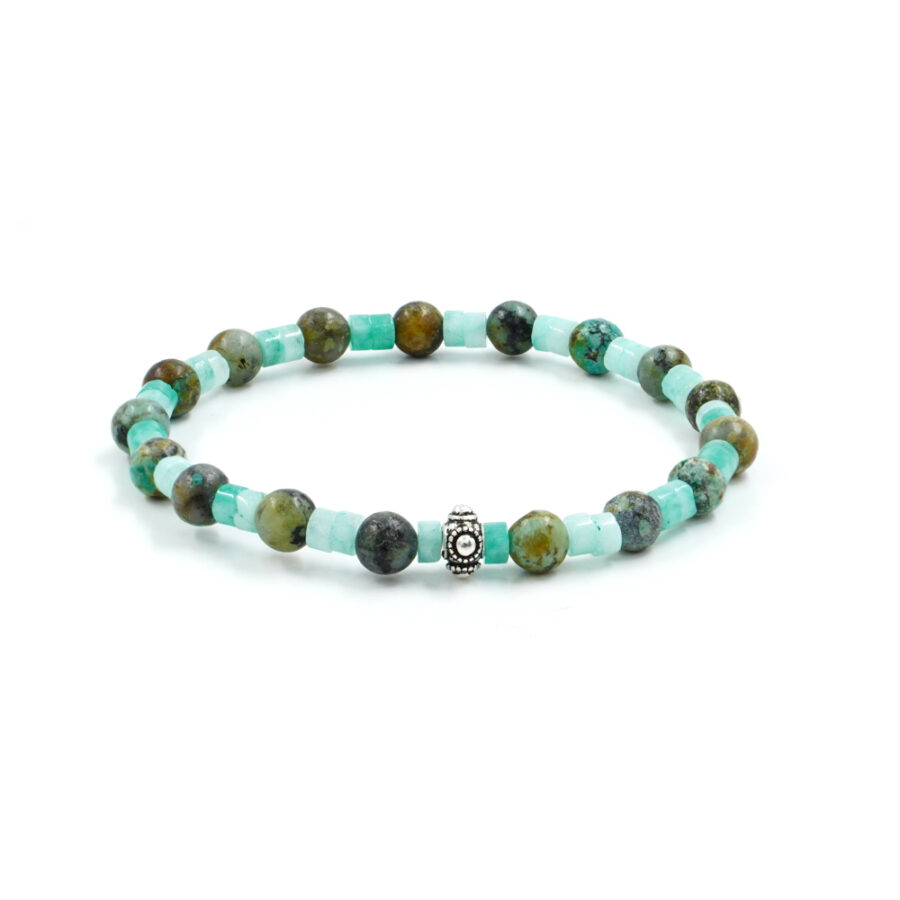 Bracciale elastico con turchese africano, diaspro verde, elemento in argento 925