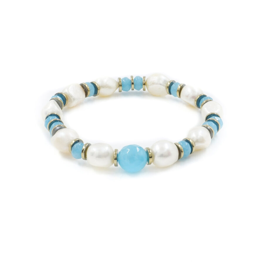 Bracciale elastico con perle, quarzo azzurro, ematite