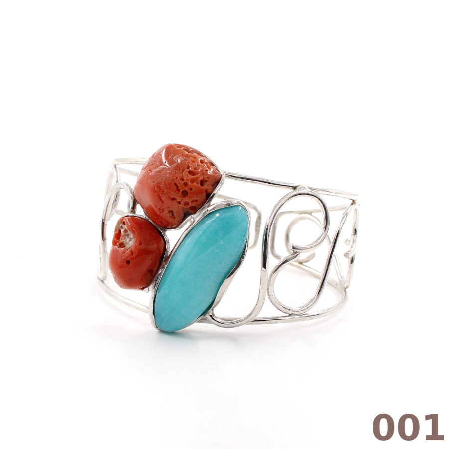 Bracciale in argento 925‰ modello schiava con spole di corallo ed amazzonite