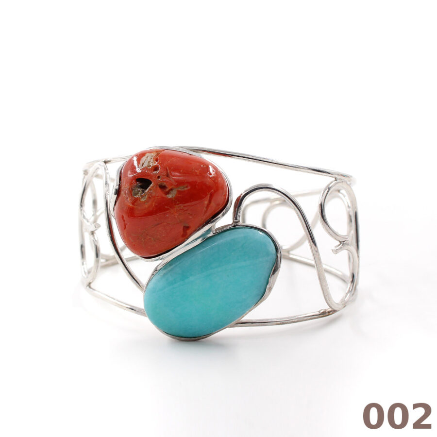 Bracciale in argento 925‰ modello schiava con spole di corallo ed amazzonite - immagine 2
