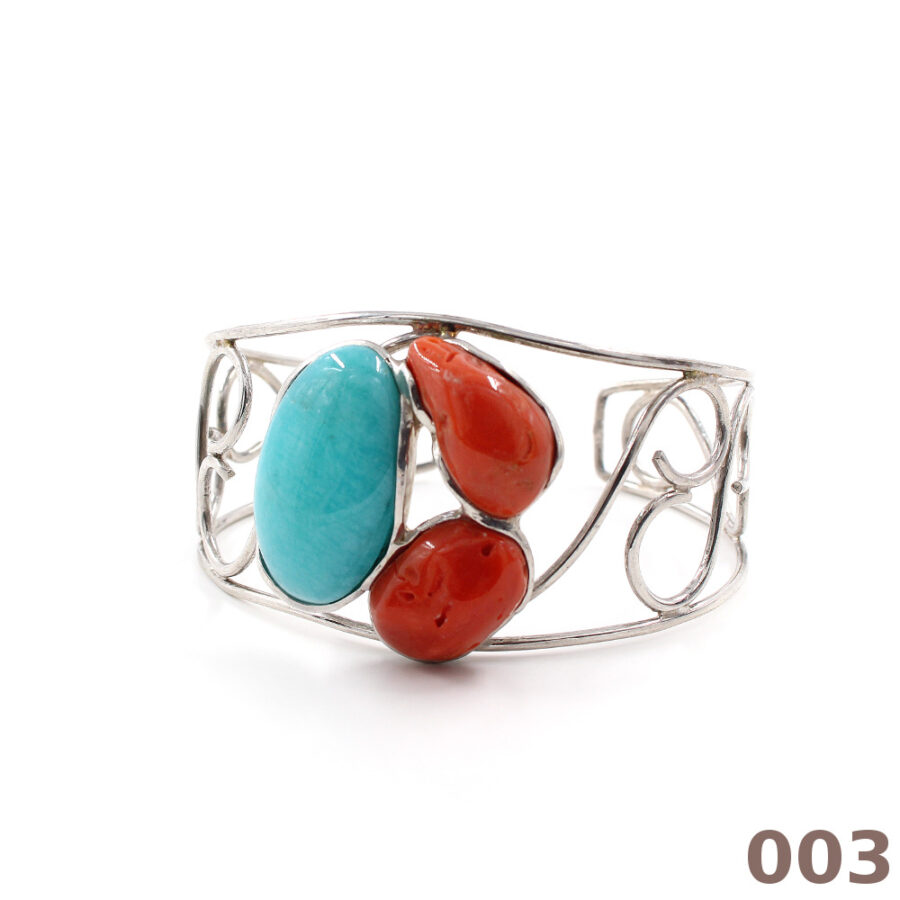 Bracciale in argento 925‰ modello schiava con spole di corallo ed amazzonite - immagine 3