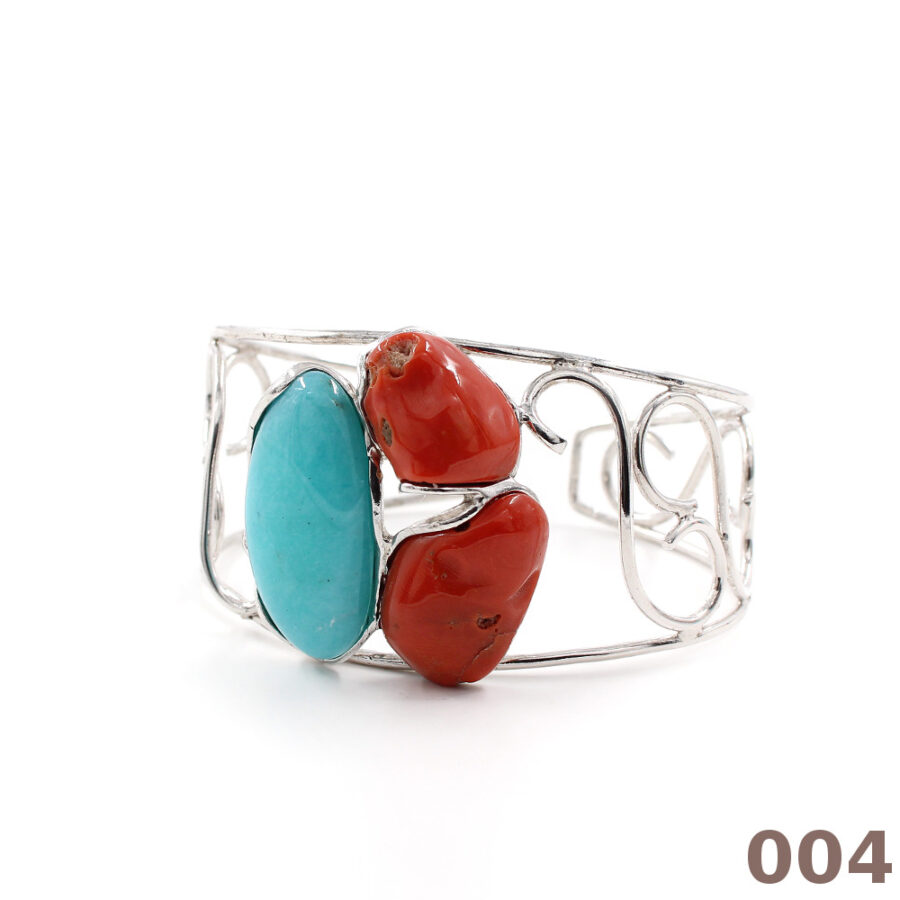 Bracciale in argento 925‰ modello schiava con spole di corallo ed amazzonite - immagine 4