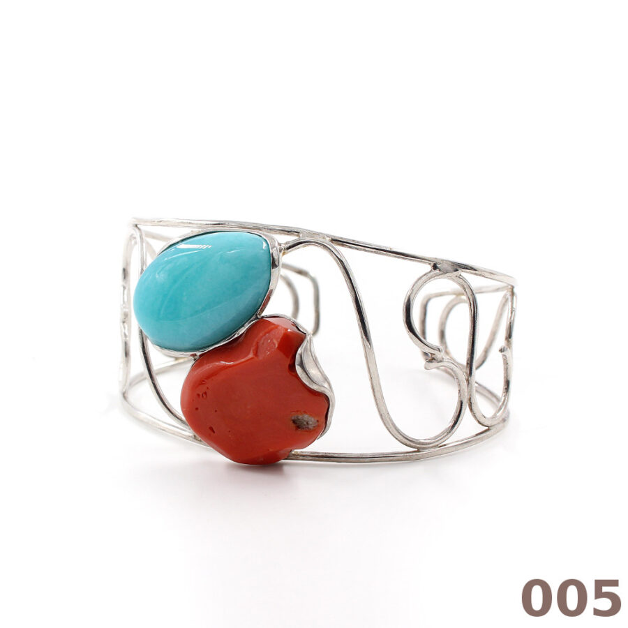 Bracciale in argento 925‰ modello schiava con spole di corallo ed amazzonite - immagine 5